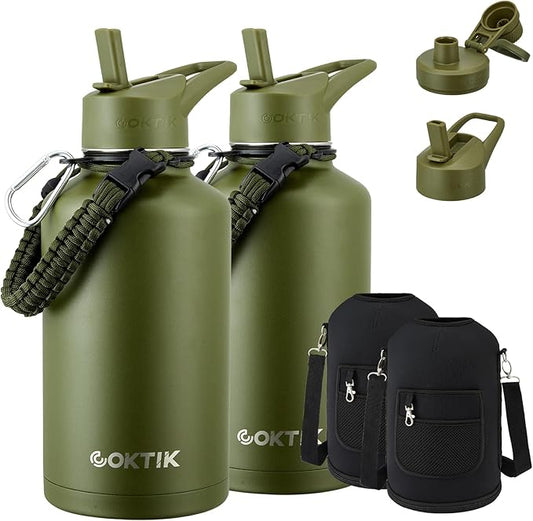 COKTIK Half Gallon Insulated Water Bottle, 64 oz Triple Wall Stainless Steel Flask,Cold for 48 Hrs Leak-Proof & BPA-Free Jug with Paracord Handle, Straw & Spout Lids(2 pack, Army Green)