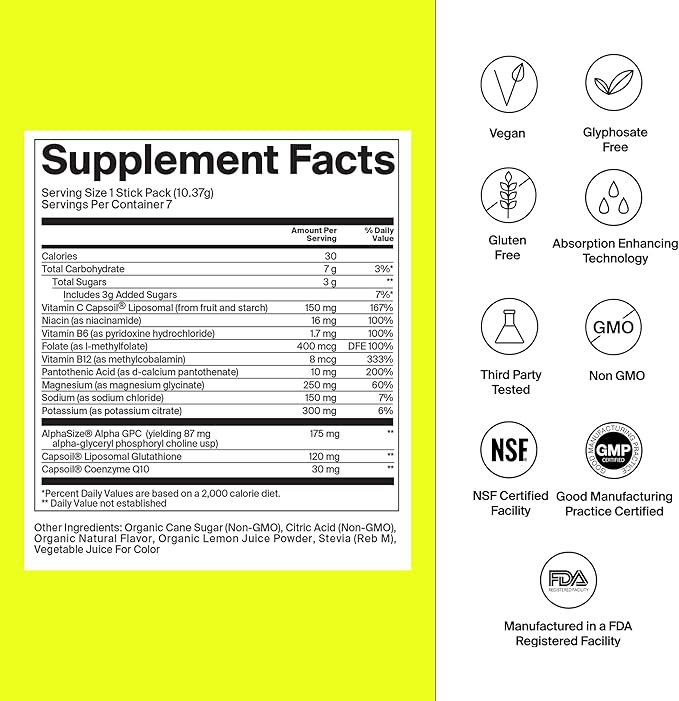 Electrolyte Powder Packets - Workout Recovery & Hydration Drink Mix with Liposomal Glutathione, Vitamin C & Methylated B Vitamins - Mango Lemonade (7 Sticks)