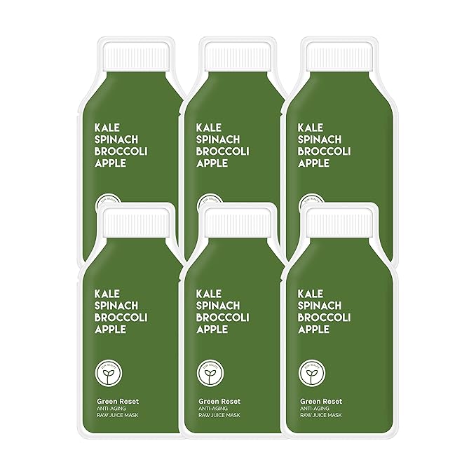 ESW Beauty Green Reset - Anti-Aging Raw Juice Face Mask (6-Pack) - Revitalizing with Kale, Spinach, Broccoli & Apple for Mature Skin - Boosts Collagen & Reduces Wrinkles