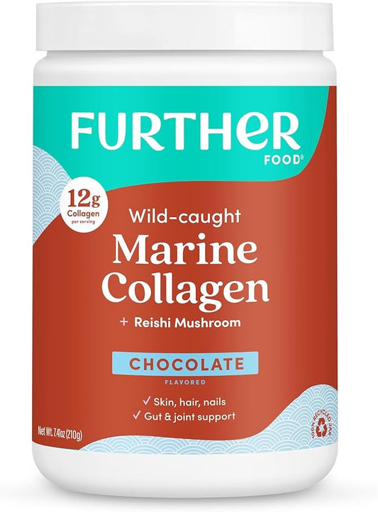 Further Food Chocolate Marine Collagen Peptides Powder, Wild Caught, Sustainable, Type 1, 2 & 3 Collagen, Gut + Joint Support, Hair, Skin, Nails, Sugar-Free 7.41 oz