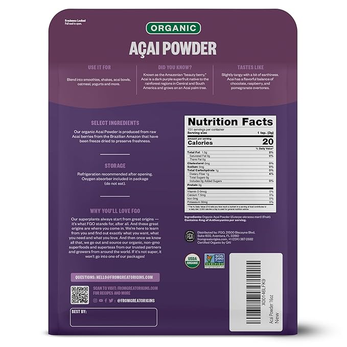 FGO Organic Acai Powder, 1 Pound / 16oz Bulk Resealable Pouch, Freeze Dried Superfood Berry from Brazil, No Sugar & Additives,Great for Drinks, Smoothie, & Beverages, Non-GMO (Pack of 1)