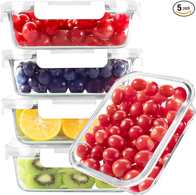 BAYZZ Glass Food Storage Containers, 5 Pack 35 Oz Glass Meal Prep Containers, Lunch Boxes with Airtight BPA-Free Lids, Microwave, Freezer and Dishwasher Safe,White