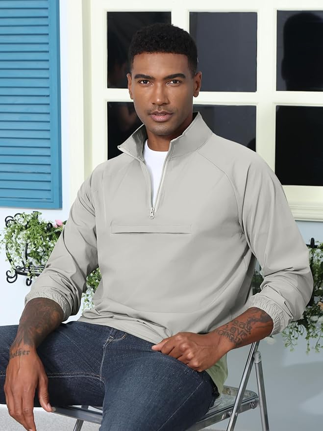 Aulemen Men's Casual Quarter Zip Pullover-Athletic Windbreaker Lightweight Jackets Hiking Golf for Men Mock Neck with Pockets