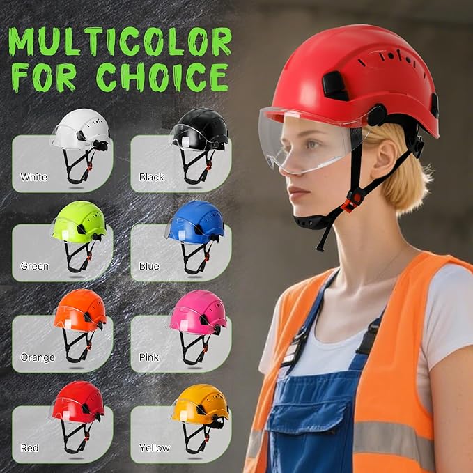 AOLAMEGS Hard Hats Construction OSHA Approved - ANSI Z89.1 Red Safety Hardhats, High Impact ABS Hardhat, Adjustable Vented Construction Worker Hat with Clear Visor, Cascos de Construccion