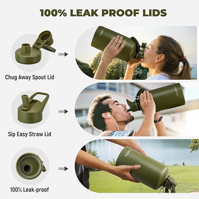 COKTIK 128 oz Insulated Water Bottle, Triple Wall Stainless Steel Flask, Keeps Drinks Cold for 48 Hrs Leak-Proof & BPA-Free Half Gallon Jug with Paracord Handle, Straw & Spout Lids(Army Green)