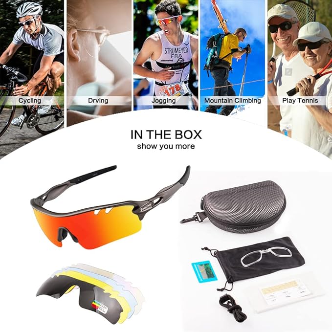 BangLong Polarized Sports Sunglasses Cycling Sun Glasses for Men Women with 5 Interchangeable Lenes for Running Baseball Golf