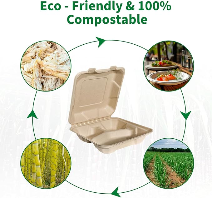 Aricsen Compostable 50 Pack 8x8 Inch 3 Compartment Takeout Lunch Box Containers with Lid, To Go Take Out Clamshell for Food, Disposable Eco-Friendly Biodegradable Bagasse, PFAS-Free, Unbleached Brown