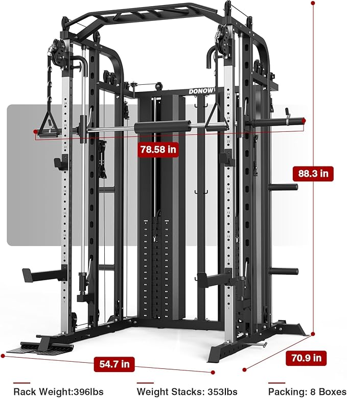 DONOW Smith Machine with Weight Stacks Power Cage Squat Rack Dual Cable Crossover Machine Home Gym Systems Station LAT Pull Down