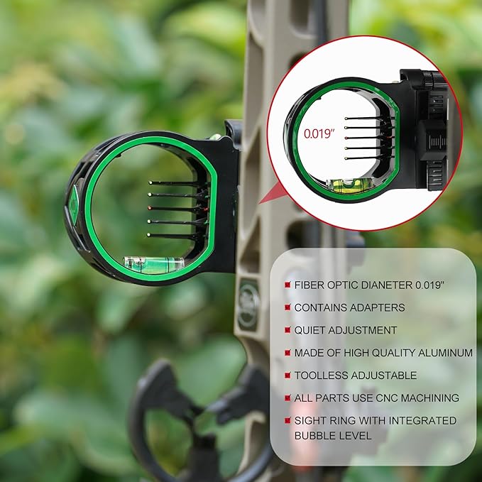 Archery 5-Pin Bow Sight - 0.019" Fiber, Brass Pin, Aluminum Machined - Right and Left Handed, with Hi-Vis Level for Archery, Hunting, Shooting