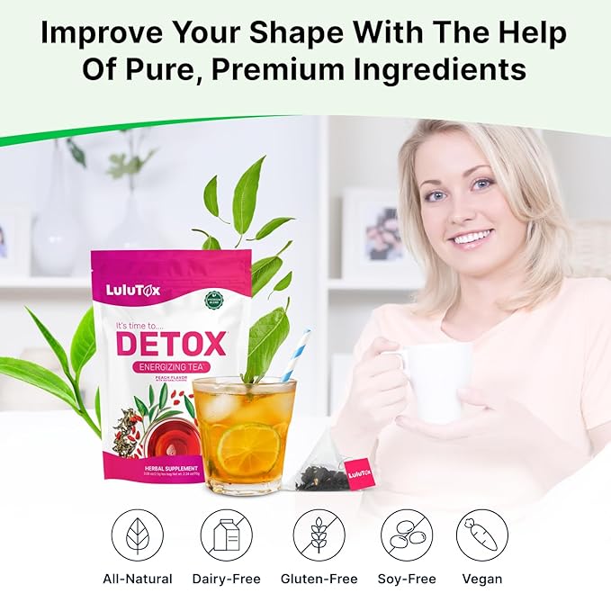 Detox Tea - Slimming Tea with Dandelion and Ginseng to Support Goals for Detox Cleanse, Flat Belly, Bloating, Healthy Weight and Digestive Health - Women & Men - Peach Flavor (28 Servings)