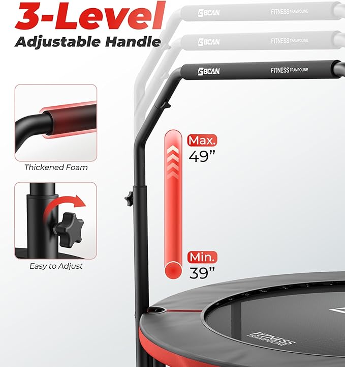 BCAN 40"/48" Foldable Mini Trampoline, Rebounder Trampoline for Adults, U/T Shape Adjustable Foam Handle, Exercise Rebounder for Adults Indoor/Garden Workout, Max Load 330lbs/440lbs