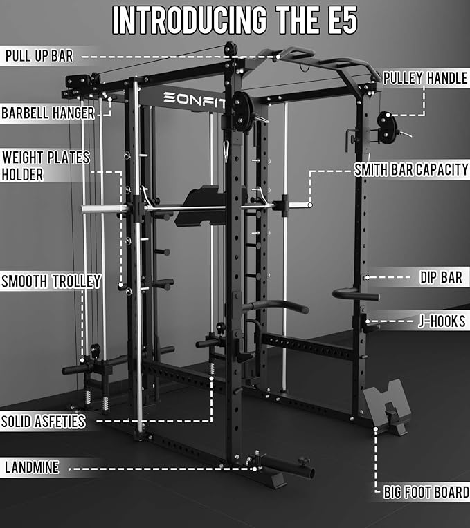 Eonfit E5 Smith Machine with Vertical Leg Press, Power Cage Squat Rack with LAT-Pull Down Cable Crossover Rotating Arms System Home Gym Equipment All in One (E5 RED)