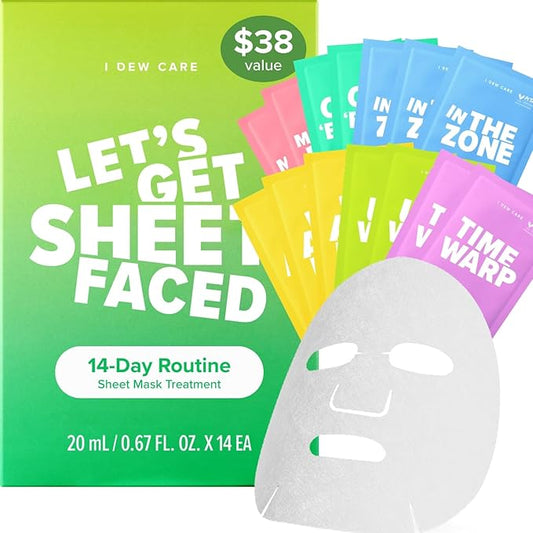 I DEW CARE Glass Skin Facial Sheet Mask Variety Pack - Let's Get Sheet Faced | 14 Days Facial Masks Set, Moisturizing Face Masks Skincare, Korean Face Mask, Hydrating Collagen Face Mask, 14 Count