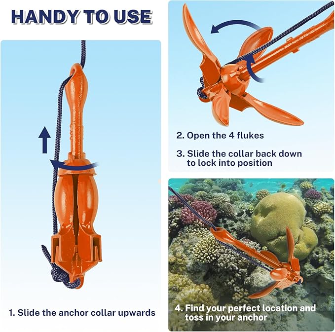 Dreizack Kayak Anchor Kit, 3.5 lb Folding Grapnel Boat Anchor Trolley Accessories with 40ft Rope and PVC Buoy for Fishing Kayaks SUP Paddle Boards Canoes Jet Ski PWC Inflatable Small Boats