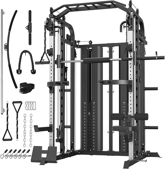 DONOW Smith Machine with Weight Stacks Power Cage Squat Rack Dual Cable Crossover Machine Home Gym Systems Station LAT Pull Down