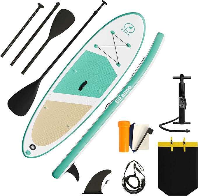 Inflatable Stand Up Paddle Board with SUP Accessories & Backpack. Paddle Boards for Adults. Non-Slip Deck, Wide Stance, Bottom Fin, Double Action Pump.