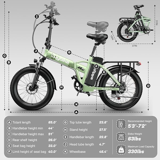 Foldable Electric Bike for Adults, 30+MPH, 48V 20Ah Removable Lithium Battery up to 80Miles, 20" Fat Tire 1000W Peak Motor Dirt Ebike Adult Electric Bicycle for Commute Beach Mountain E Bike