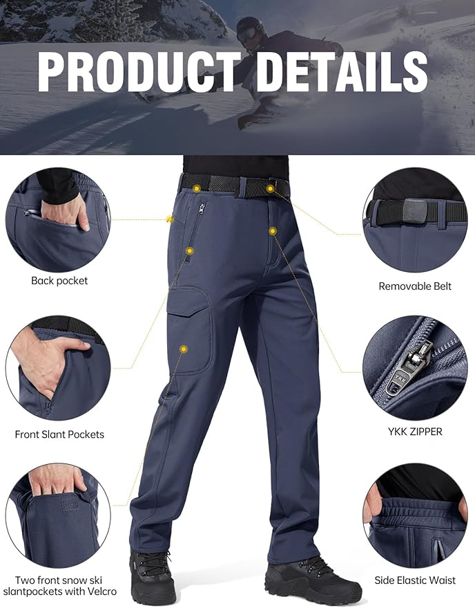FREE SOLDIER Men's Outdoor Softshell Fleece Lined Cargo Pants Snow Ski Hiking Pants with Belt