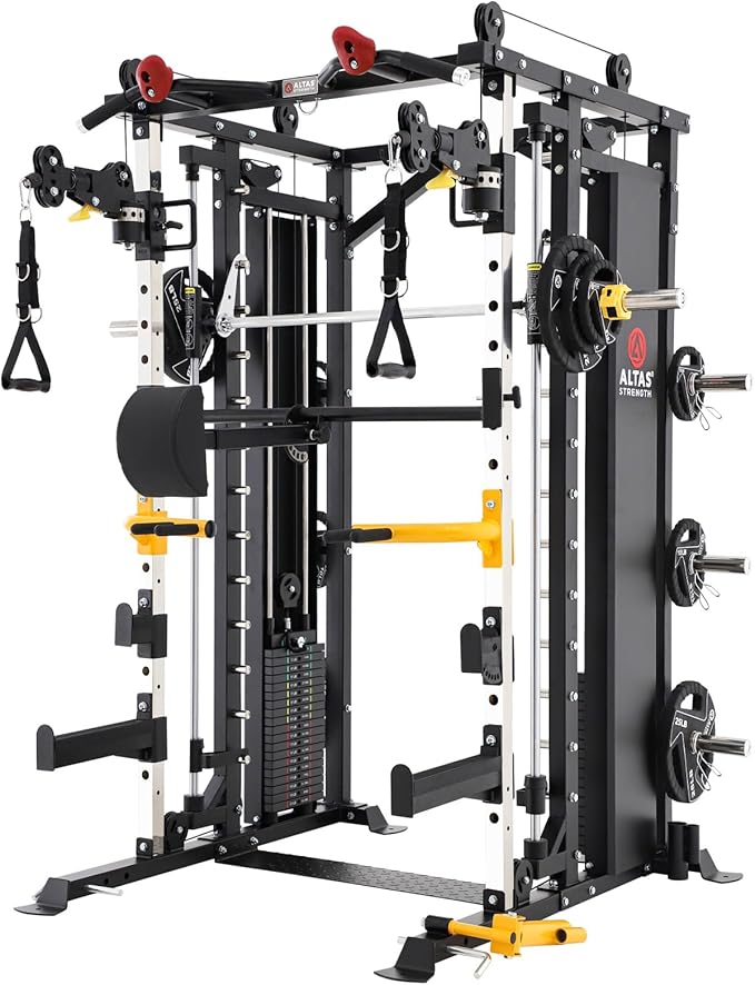 Altas Strength Light Commercial Smith Machine Home Gym with Pulley System Squat Rack Pull-Up Bar Total Body Cage Workout Equipment Tower Weight Lifting Leg Press Strength Training 3087B