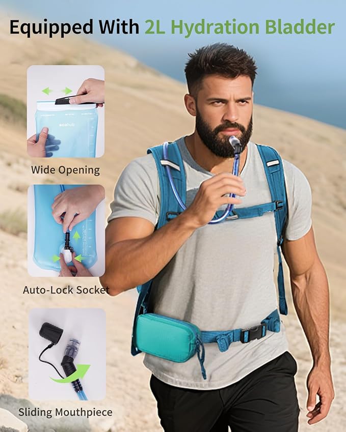 ECOHUB Hydration Backpack for Men Women, 20L Lightweight Hiking Daypack Cycling Backpack with 2L Water Bladder, Insulated Hydration Pack with Waist Pack