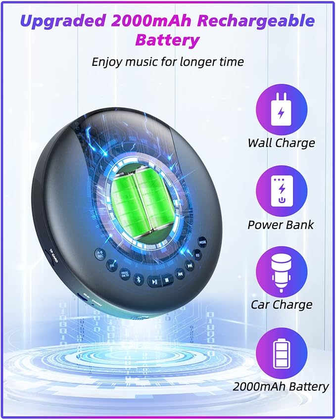 ARAFUNA Portable CD Player Bluetooth with FM Radio, 2000mAh Rechargeable CD Player for Car with LCD Screen, Anti Shock Protection Compact Player with Headphone, AUX Cable