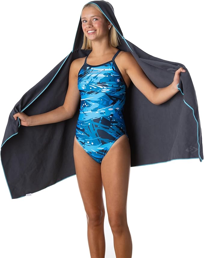Flow Hydro Sport Towel - Microfiber Quick Dry Swimming Towels for Swim, Pool, Triathlon, and Other Water Sports in Medium, Large, Extra Large, and Hooded Sizes (Gray, Large w/Hood)