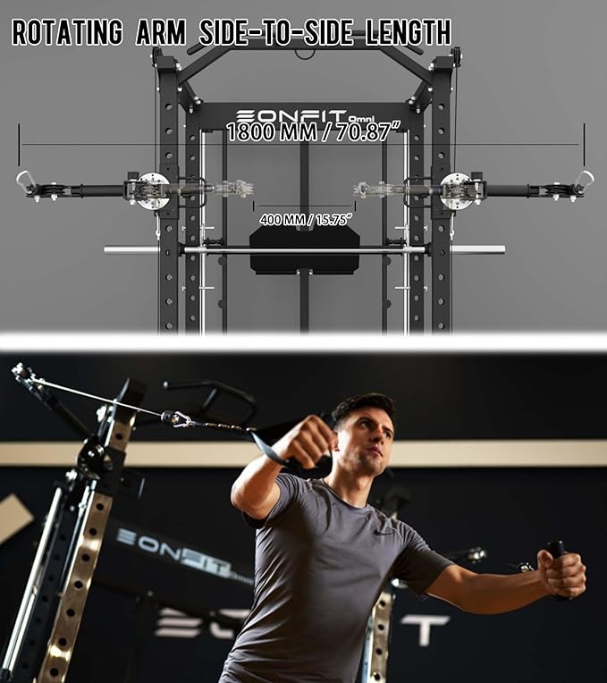 Eonfit E5 Smith Machine with Vertical Leg Press, Power Cage Squat Rack with LAT-Pull Down Cable Crossover Rotating Arms System Home Gym Equipment All in One (E5 RED)