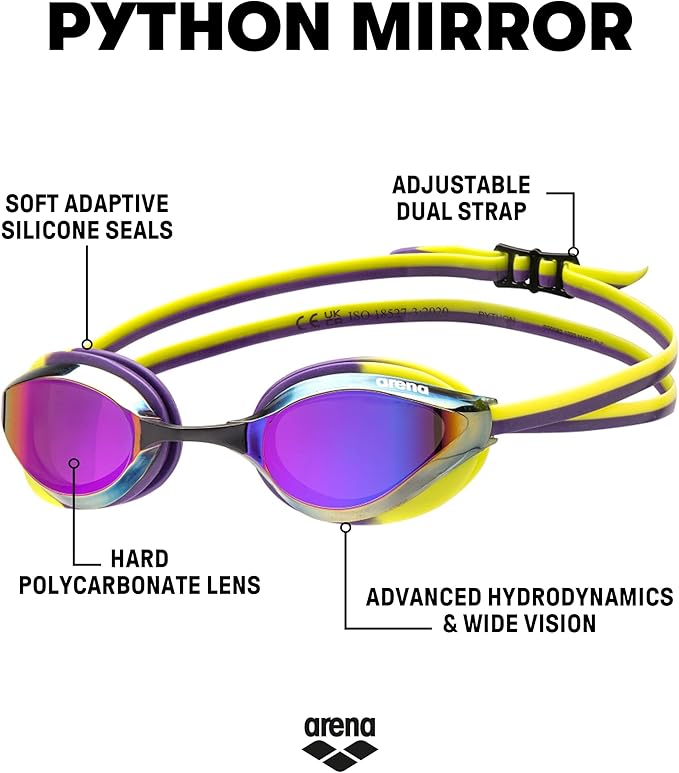 ARENA Unisex Python Racing Swim Goggles for Men and Women Anti-Fog No Leak Max Comfort Dual Strap, Mirror/Non-Mirror Lens