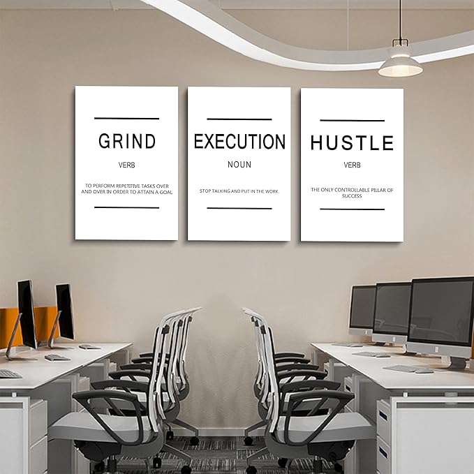Framed Canvas Wall Art Success Quote, Office Wall Art, White Large Poster, Positive Motivational Set of 3 Prints, Grind Execution Hustle Poster, Inspirational Print