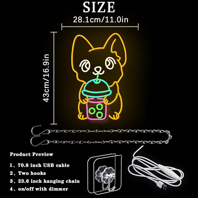 Corgi Neon Sign Bubble Tea Neon Light for Wall Decor Colorful Neon Sign Dog Neon Signs for Bedroom Dessert Coffe Shop Store Business Wall Decoration