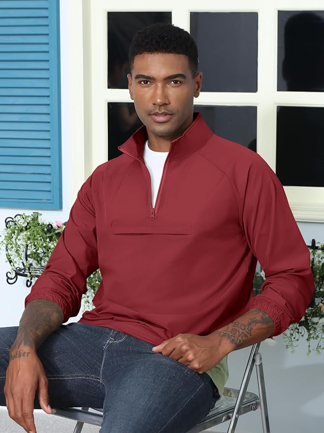 Aulemen Men's Casual Quarter Zip Pullover-Athletic Windbreaker Lightweight Jackets Hiking Golf for Men Mock Neck with Pockets