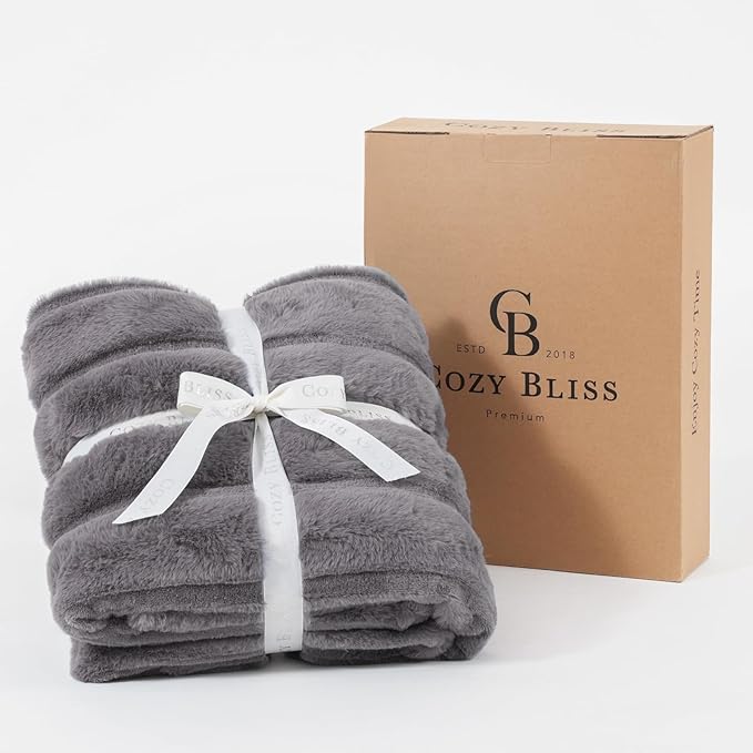 Cozy Bliss Faux Fur Throw Blanket for Couch, Cozy Warm Plush Striped Blanket for Sofa Bedroom Living Room, 90 * 90 Inches Grey