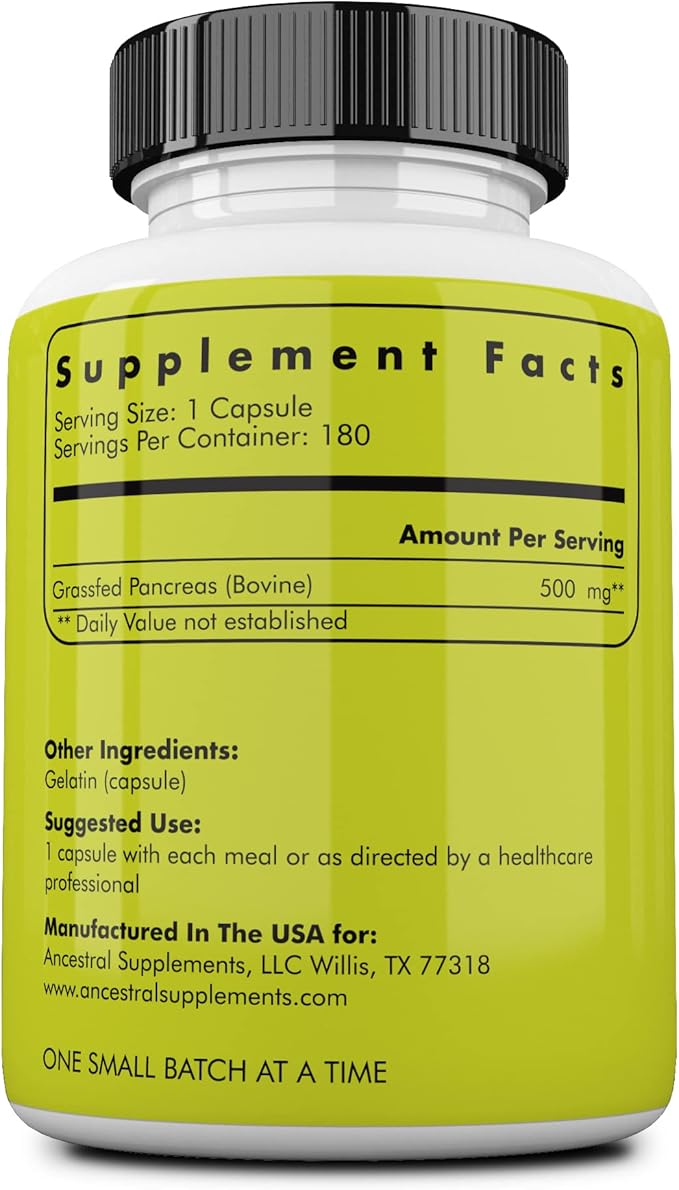 Ancestral Supplements Grass Fed Beef Pancreas Supplement, 500mg, Pancreatic Support with Proteolytic Digestive Enzymes for Digestion Support, Including Trypsin, Non GMO, 180 Capsules