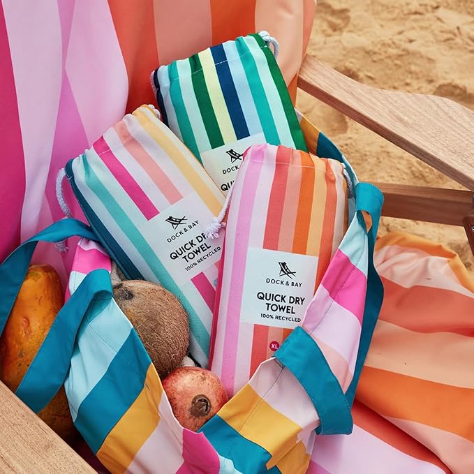 Dock & Bay Beach Towel - Quick Dry, Sand Free - Compact, Lightweight - 100% Recycled - Includes Bag - Rainbow Shores - Set of 4 - Large (160x90cm, 63x35)