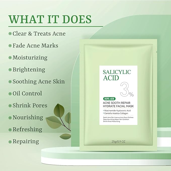 Anti Acne Face Mask Salicylic Acid Face Masks Skincare, Hydrating Face Masks, Soothing Facial Sheet Mask Skin Care for Acne Prone, Acne Mask for Pimple Breakouts Oil Control, 10 Pack