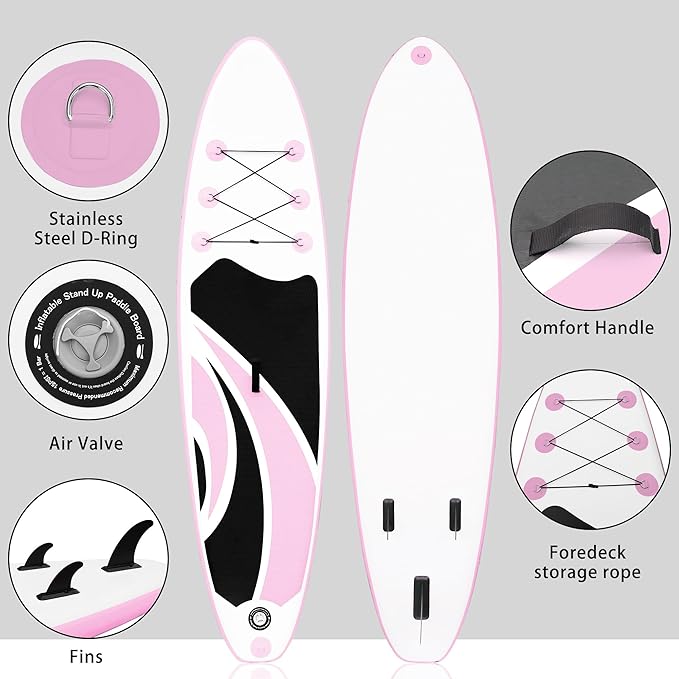Inflatable Stand Up Paddle Board 10‘x30‘‘- Ultra-Light SUP with Backpack, Pump, Paddle, Coil Leash, 3 Fins, Repair Kit, Stable Design, Non-Slip EVA Deck for Adults & Youth
