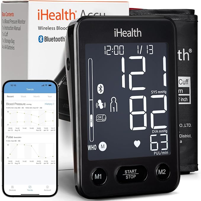 iHealth Accu Blood Pressure Monitor – 4.5" Large LCD, Clinically Accurate, Irregular Heartbeat Alert, Body & Cuff Detection, Bluetooth Sync, Adjustable Large 8.6"–17" Cuff– Easy for Seniors & Adults