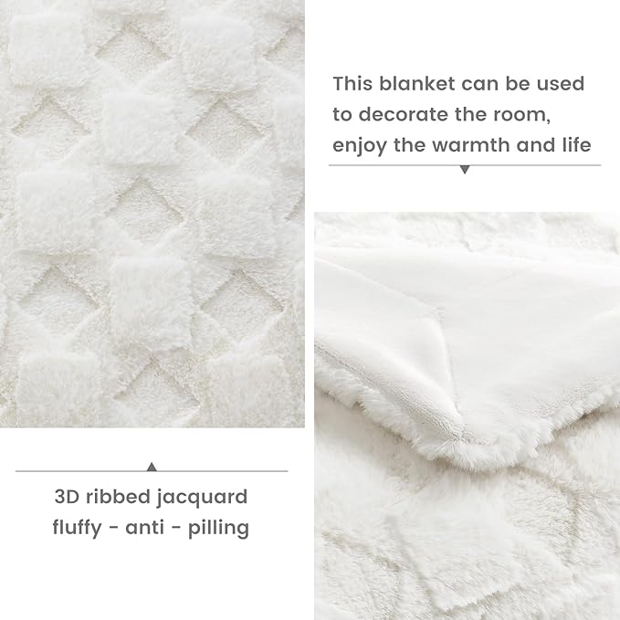 Cozy Bliss Faux Fur Throw Blanket for Couch - Soft Checkered Fuzzy Plush Cozy Throw Gift Blankets for Women,Cream White Boho Blanket for Sofa Bedroom Living Room.50 * 60 Inches