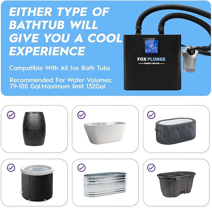 FOXPLUNGE Cold Plunge Chiller 1/2HP - 132 Gallons Water Chiller for Ice Bath Tubs with 2 Water Pumps, Filter & Hose, Remote Control, Quiet Cooling System for Home Muscle Recovery Use
