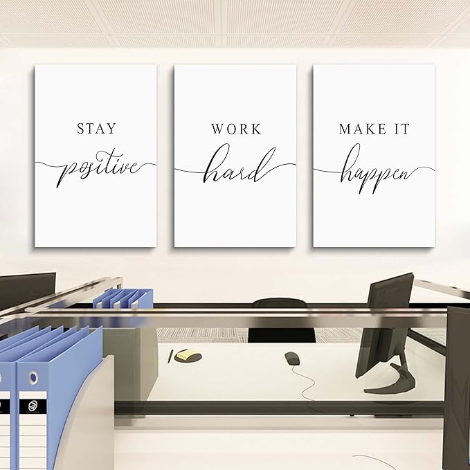 Framed Canvas Wall Art Positive Quotes Painting, Office Wall Art, white Large Poster, Positive Motivational Set of 3 Prints, work hard letters, Inspirational Wall Decor Prints (G-3pcs,24x36inchx3pcs)