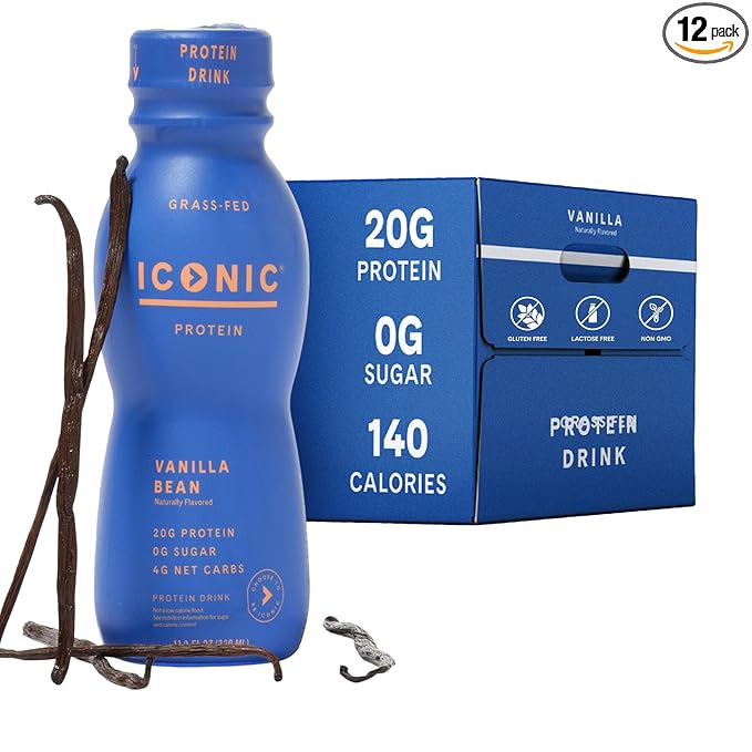 Iconic Protein Drinks, Vanilla Bean (12 Pack) - Sugar Free & Low Carb - 20g Grass Fed Protein - Lactose Free, Gluten Free, Non-GMO, Kosher - Keto Friendly Protein Shakes