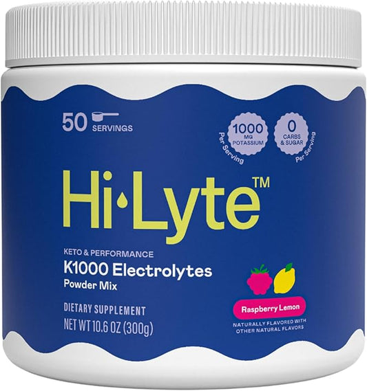 Hi-Lyte Keto K1000 Electrolyte Powder | Raspberry Lemon | Hydration Supplement Drink Mix | Boost Energy & Beat Leg Cramps | No Sugar, No Maltodextrin | 50 Servings