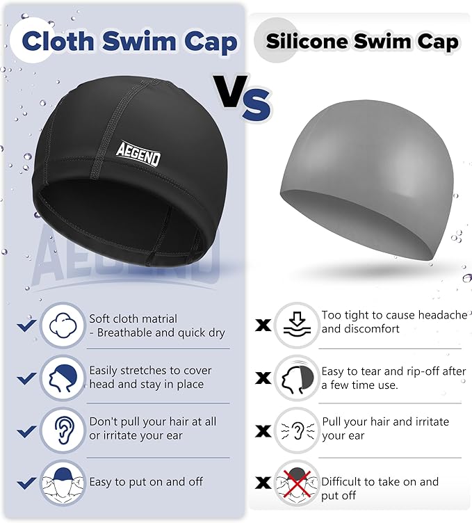 Aegend Fabric Swim Cap, Silicone Waterproof Layer - Breathable Cloth Swimming Cap, Keep Hair Dry with Hight Elasticity for Youth(8-16) Adult, 2 Sizes to Choose