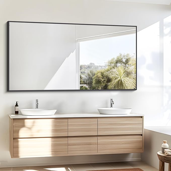 Bathroom Mirror, 30x55 inch Wall Mirror for Bathroom Wall Mounted Black Rectangle Square Corner Mirrors, Black Bathroom Mirror for Living Room, Farmhouse, Bedroom Entryway, Horizontal/Vertical