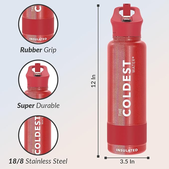 Coldest Insulated Water Bottle with Straw Lid - Stainless Steel Metal Insulated Bottle for Men & Women (Mars Red Glitter, 40 oz)