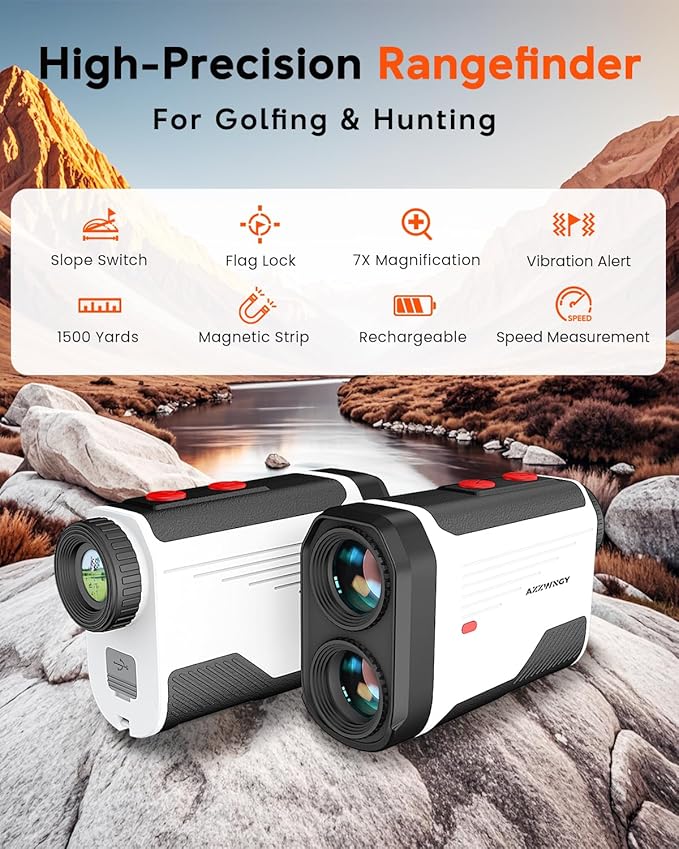 Golf Rangefinder with Slope - 1300/1500 Yards Laser Range Finder for Golf & Hunting, 7X Magnification, High-Precision Flag Locking Vibration, Rechargeable, IP54 Waterproof, Built-in Magnetic Strip