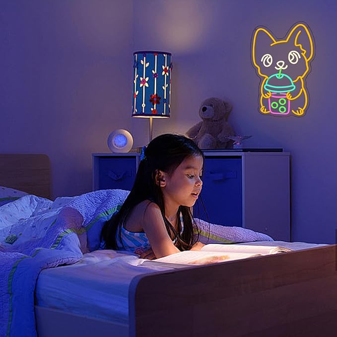 Corgi Neon Sign Bubble Tea Neon Light for Wall Decor Colorful Neon Sign Dog Neon Signs for Bedroom Dessert Coffe Shop Store Business Wall Decoration