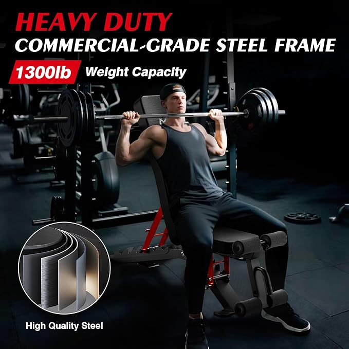 Adjustable Weight Bench - Foldable Workout Bench for Home Gym, PRO Heavy Duty 1300lb Capacity Full Body Strength Training with 8-Level Incline/Flat/Decline Positions & Space-Saving