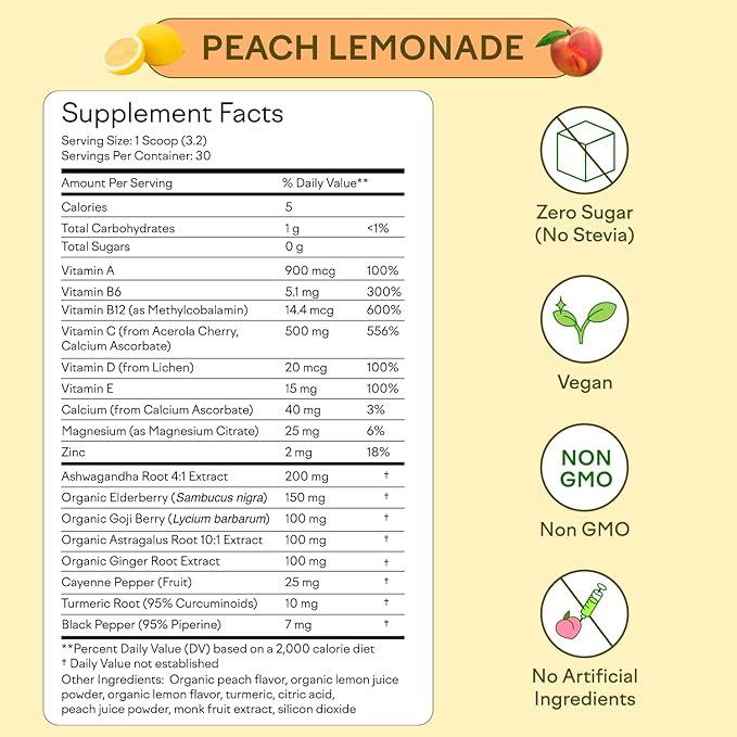 Feel Goods Immunity Icon, Zero Sugar, Vitamin C, A, B, D, E & Zinc, Organic Elderberry, Ashwagandha, Drink Mix Powder, Vegan, Non GMO, Caffeine & Gluten Free | Peach Lemonade, 30 Servings