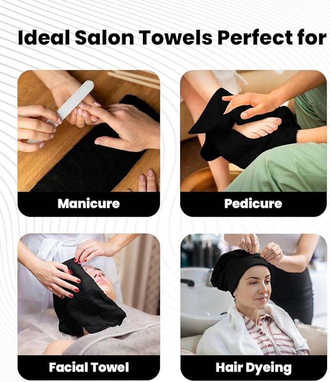 Avalon Salon Towel - Black Hand Towels Bulk Pack of 24-100% Cotton Absorbent Spa, Facial & Gym Towels for Working Out - 16x27 Inches (Not Bleach Proof)